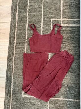Honorine Two-Piece Linen-Blend Crop Top & Pants Set - Burgundy